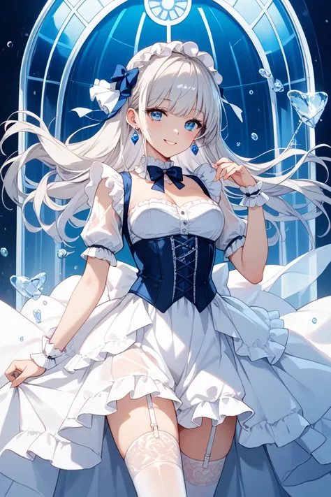 A beautiful platinum haired girl with long platinum hair wearing a white garter belt, white stockings, a white miniskirt, and a white gothic lolita、A long sword with a thin blade made of only cerulean blue translucent glass is held here by holding the hand...