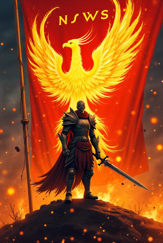 A flag with the letters NSWS with a warrior and a Phoenix on fire 