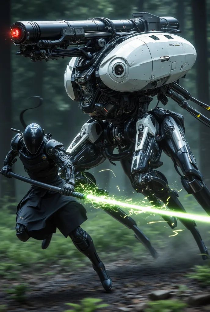 Egg-shaped battle pod, equipped with a large optical weapon on top, bipedal walking weapon, long legs made up of multiple joints, monocular-like optical sensor in the center of the pod, mechanical mold, metallic reflective light, running through the forest...