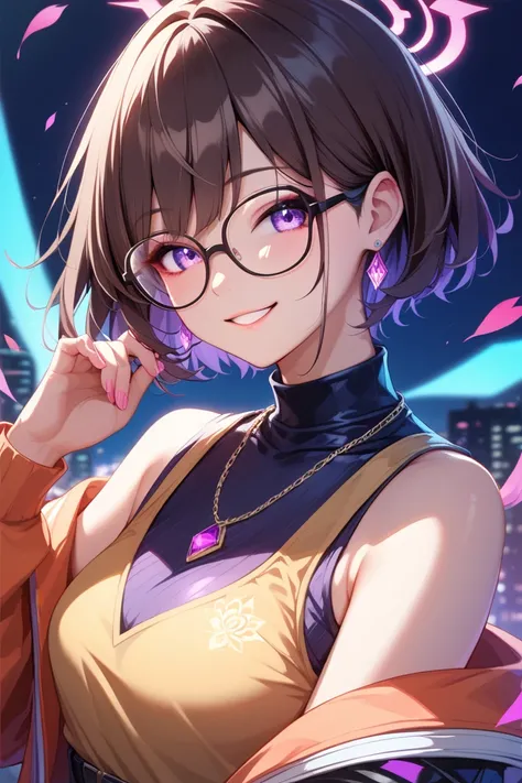  1 girl,high quality、最high image quality、LOL、smile,  face layer、 high image quality , glasses, short hair , purple eyes、dark brown hair、Perm、archive, long pants、 high neck、sleeveless、necklaces、disco、Loudspeaker