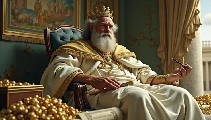 The regally dressed King Solomon, with his crown slightly tilted and his brow furrowed, sits on a throne of glittering gold studded with precious stones. His once full treasure chest in front of him is now almost empty, save for a few scattered gold coins ...