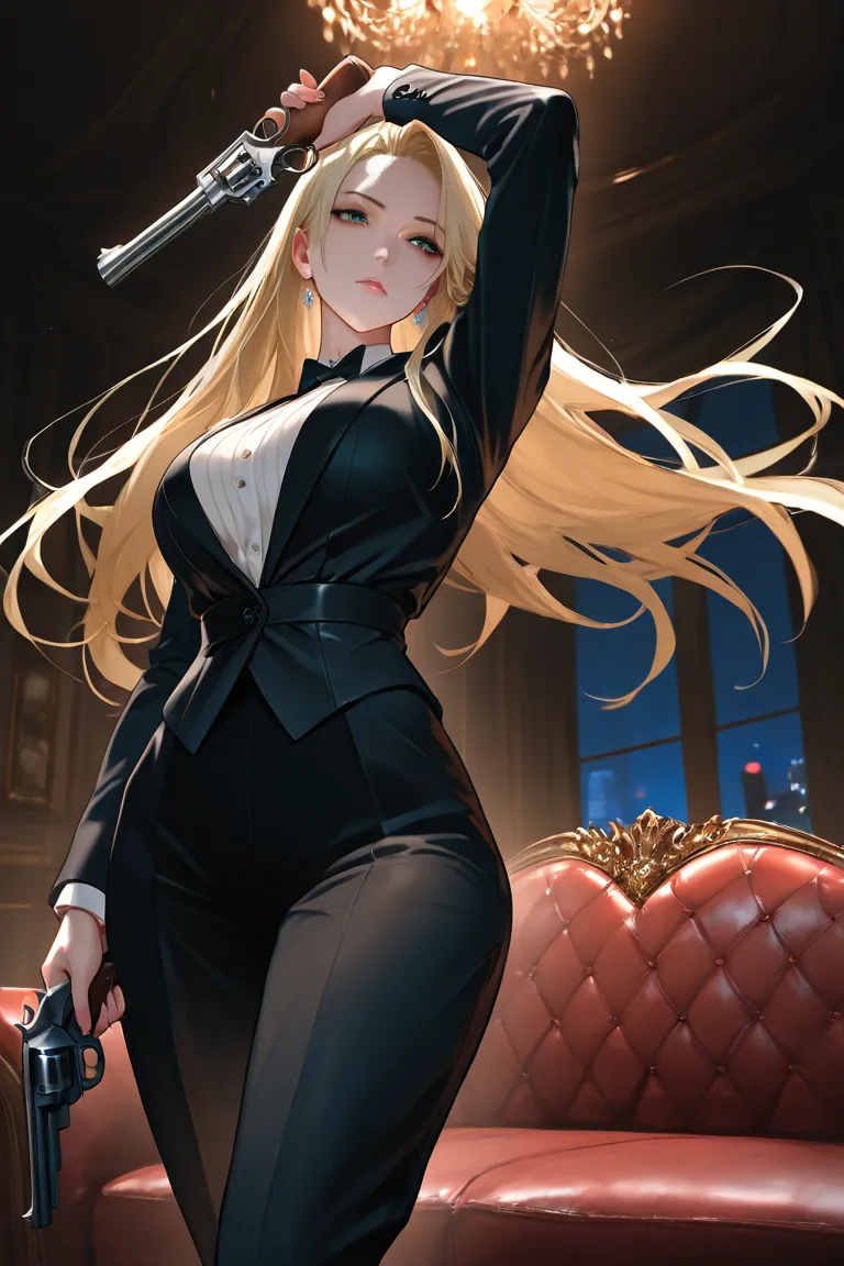 beautiful villain girl, long straight blonde hair, chin up, holding a revolver, in a luxurious sofa, spacious room, attractive, top quality, masterpiece, cinematic shot, dark ambience, night time, dynamic pose, mysterious, tuxedo outfit