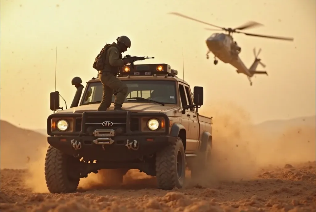 black person, riding truck, desert, special forces, helicopter, shooting gun, 4k, hyper-detailed, ultra-realistic, photorealistic, cinematic lighting, dramatic composition, moody atmosphere, warm color tones, dust particles, rugged terrain, military equipm...