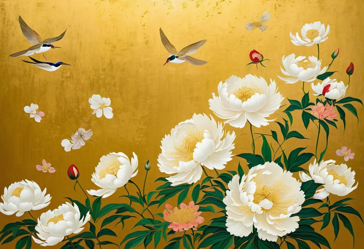 Made with traditional techniques, Japanese painting, gold paint, watercolor, glitter powder, shellfish, painted with white peonies, gold paint with flowers, lacquer-e style, the folding screen installed in a temple in Kyoto is very beautiful., a painting s...