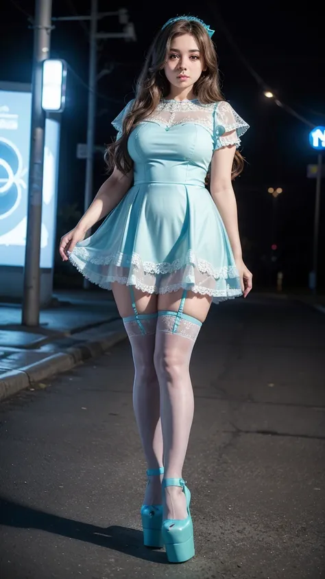 ((full body)), front view fitted curvy figure , ((cute  beautiful curvy  cute lolly  girl)), beautiful cute    face with big lips , ((High Waisted  lace blue light skater dress, short puffy sleeves)), brunette long hair, Beautiful eyes. ((stockings, thick ...