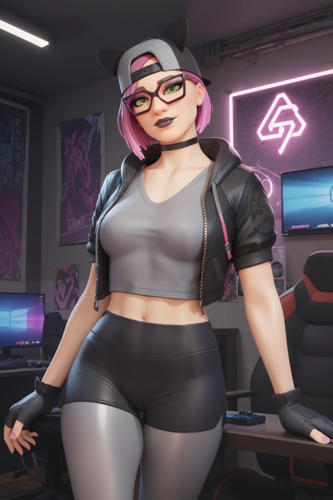 girl (Masterpiece),choker ,black lips, Black cap,fingerless gloves,evening (alone )loose V-neck gray T-shirt, Black jacket (black shiny vinyl shorts with grey leggings)tight lycra shorts, gaming,gamer room, with neon light ,beautiful green eyes, short pink...