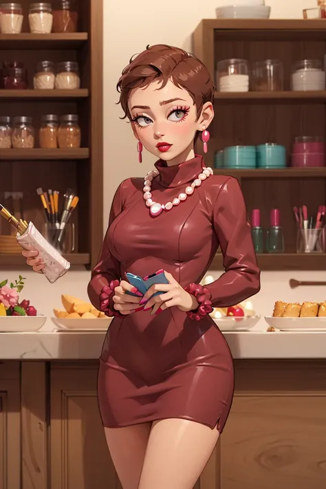 1girl, solo, Sharon Marsh,  short hair, very short hair, brown hair,   long sleeves, pink dress, turtleneck dress, necklace, gold pearl drop earrings, red lips, lipstick, standing, indoors, holding purse, eyelashes, makeup, pink purse