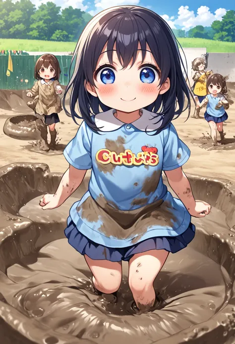 ５age, Kindergarten Mom's Clothes, blue smock,  dark blue skirt ,  cute,  Gold,  muddy, Sandbox, dirty,  dirty, Playing in the mud, ENERGETIC, fun,  best smile,  muddyの服, Muddy Smock, muddy smock, Mud adhering , best smudge, 