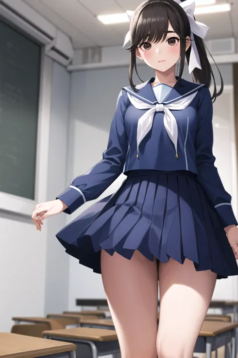 masterpiece, best quality, Hi-Res, Amanaka , long hair, ponytail, hair bow,  blue uniform, blue shirt,  Long Sleeve, Blue Sailor Color, white neckerchief, pleated skirt, blue skirt, standing, cowboy shooting, classroom, put your hands on your lower back,