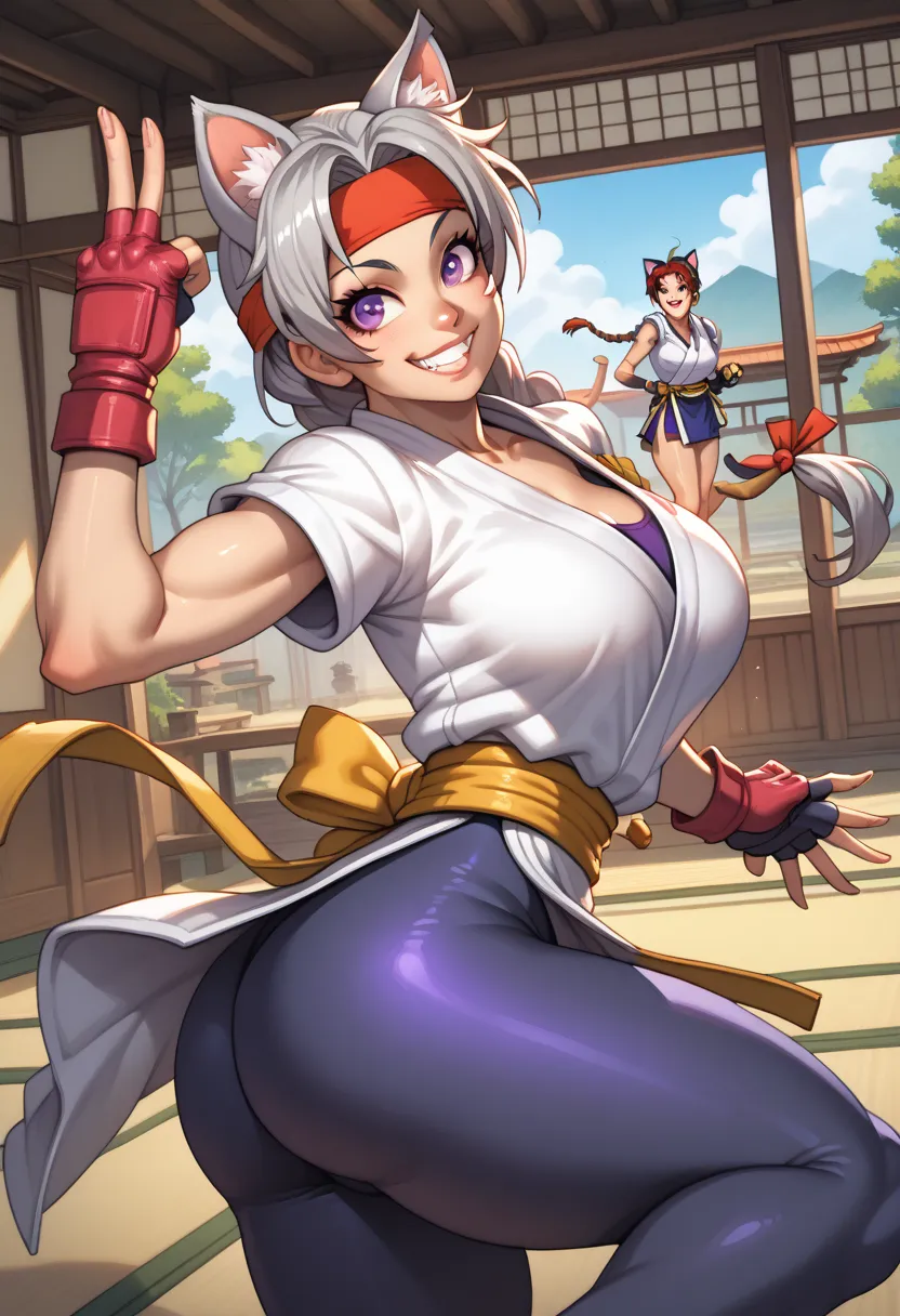 ysakazaki , A 20-YEAR-OLD GIRL ,happy, Teeth,  smile, silver hair, purple eyes shirt,  with cat ears ,single braid, dougi, lycra, diadema, fingerless gloves , big ass ,big breasts, neckline, dojo
