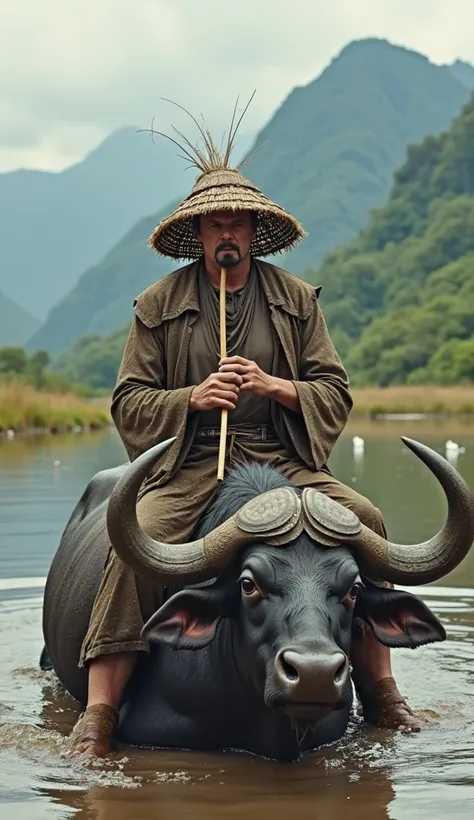 Close up photo of Tony Stark's character, Ironman, and wearing a dirty and muddy Ironman costume, wearing a small, intricately woven bamboo hood, sitting astride a large buffalo, while blowing a bamboo flute, in a muddy and damp swamp. and some ducks swimm...