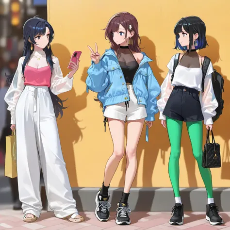 (((Best Quality))), 3 girls, anime characters, fashionable and trendy, outfit designs, diverse outfits, (upper body character design), outfit design, fashion concept art, knit, shirt, shorts, skirt, blouse, halter neck, see-through cleavage, see-through sl...