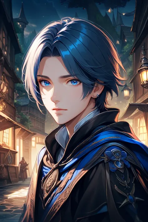 ((best quality)), ((masterpiece)), (detailed), Young man, semi realistic anime style, portrait, half body, handsome, black middle part hair, piercing blue eyes, calm but gloomy expression, fantasy theme, Location setting in a medieval port in midnight.