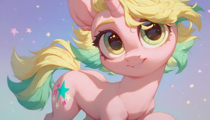 light pink unicorn pony alone, adult mare, light yellow mane with green strand,  brown eyes, kind face expression, cutie mark's side has a yellow diaper surrounded by purple stars, light yellow tail with green strand, stands on four hooves, solo, simple ba...