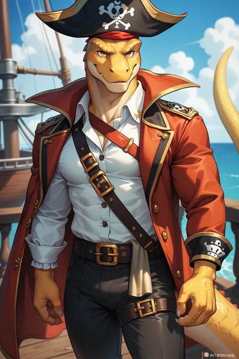 (solo), ((from front)), Lizard Anthro, Male, ((age 20, adult character)), (Yellow Scales, young male), yellow and orange scales, (pirate clothes), white collard shirt, black pants, orange eyes, red coat, muscular, stern expression, portrait, black trimming...