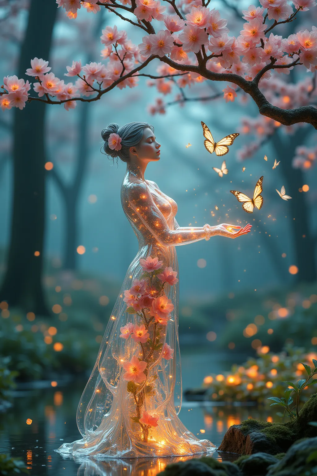 Create a surreal scene featuring a transparent female figure crafted from real glass, elegantly filled with vibrant, blooming flowers. This enchanting figure is gracefully intertwined with a cherry tree, which appears to bloom with ethereal light, casting ...