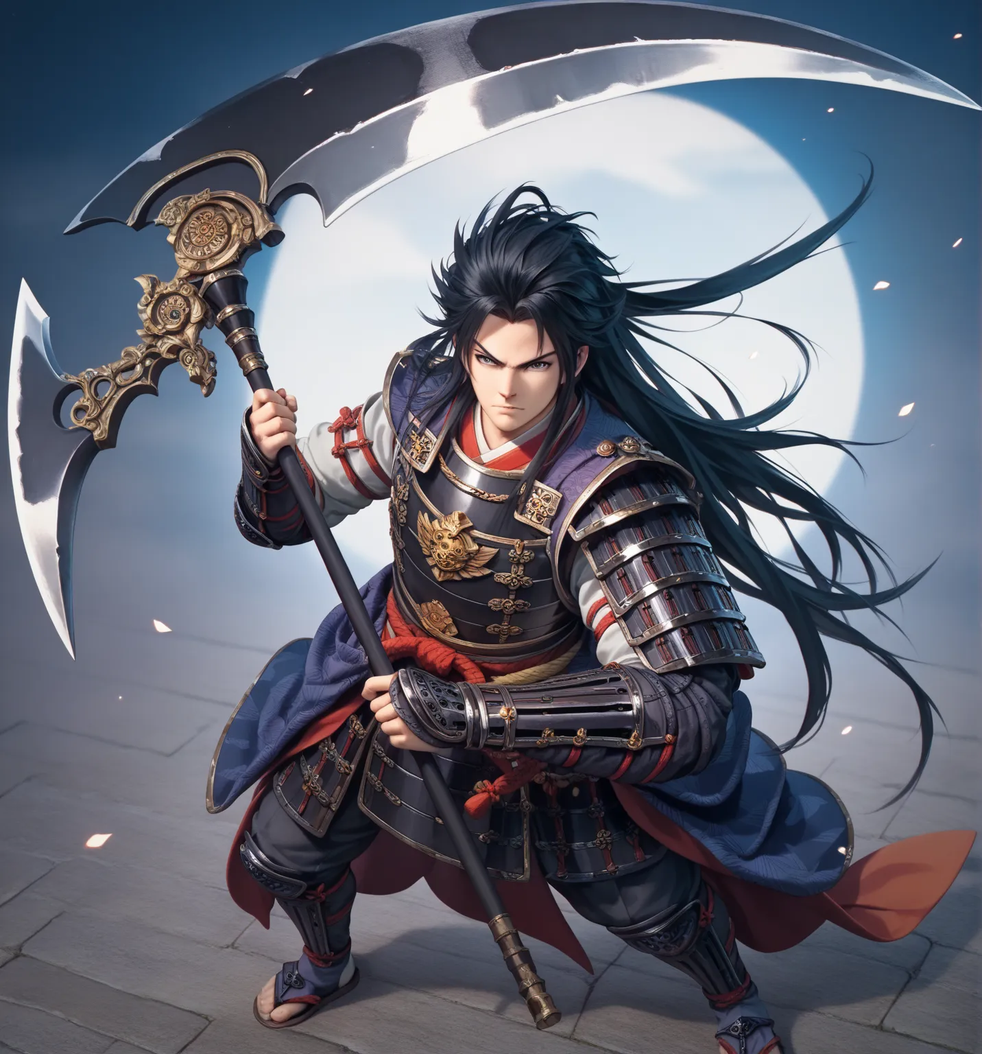 Highest quality, Greatest Masterpiece, highest resolution， (Traditional Japanese Samurai armor), ager， pretty eyes， dark eyes， holding a scythe ，4K,  standing alone，(full body)，anime style， hyperdetail, (intricate details)