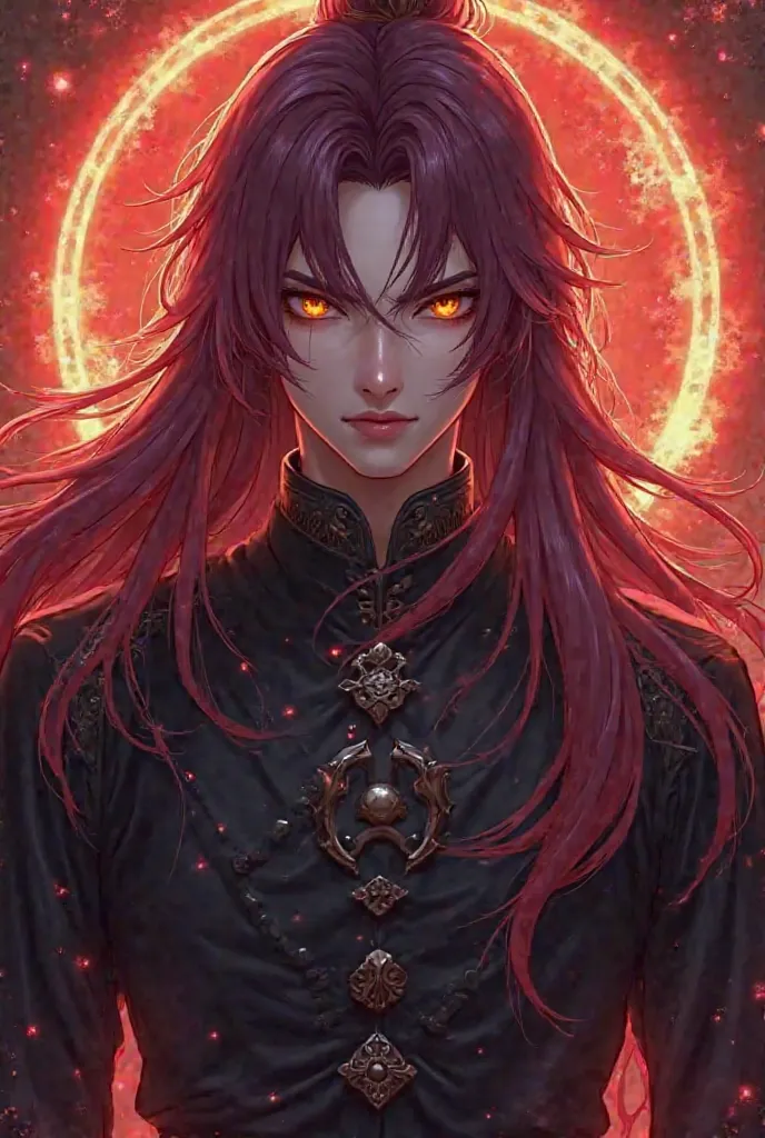 Full body image, handsome  protagonist Xianxia , ,long red and purple strand hair,handsome face,golden amber menacing eyes((make amber color is  shining more)) calm face aura,at back head is god circle with demon rune((the color is combination red and purp...