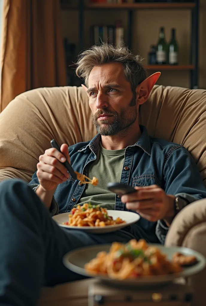 The rogue electrician with elf ears sitting on a couch with a plate of food and a remote control in hand, a photo by Echo Chernik, man drinking beer from bottle, looking at viewer, 