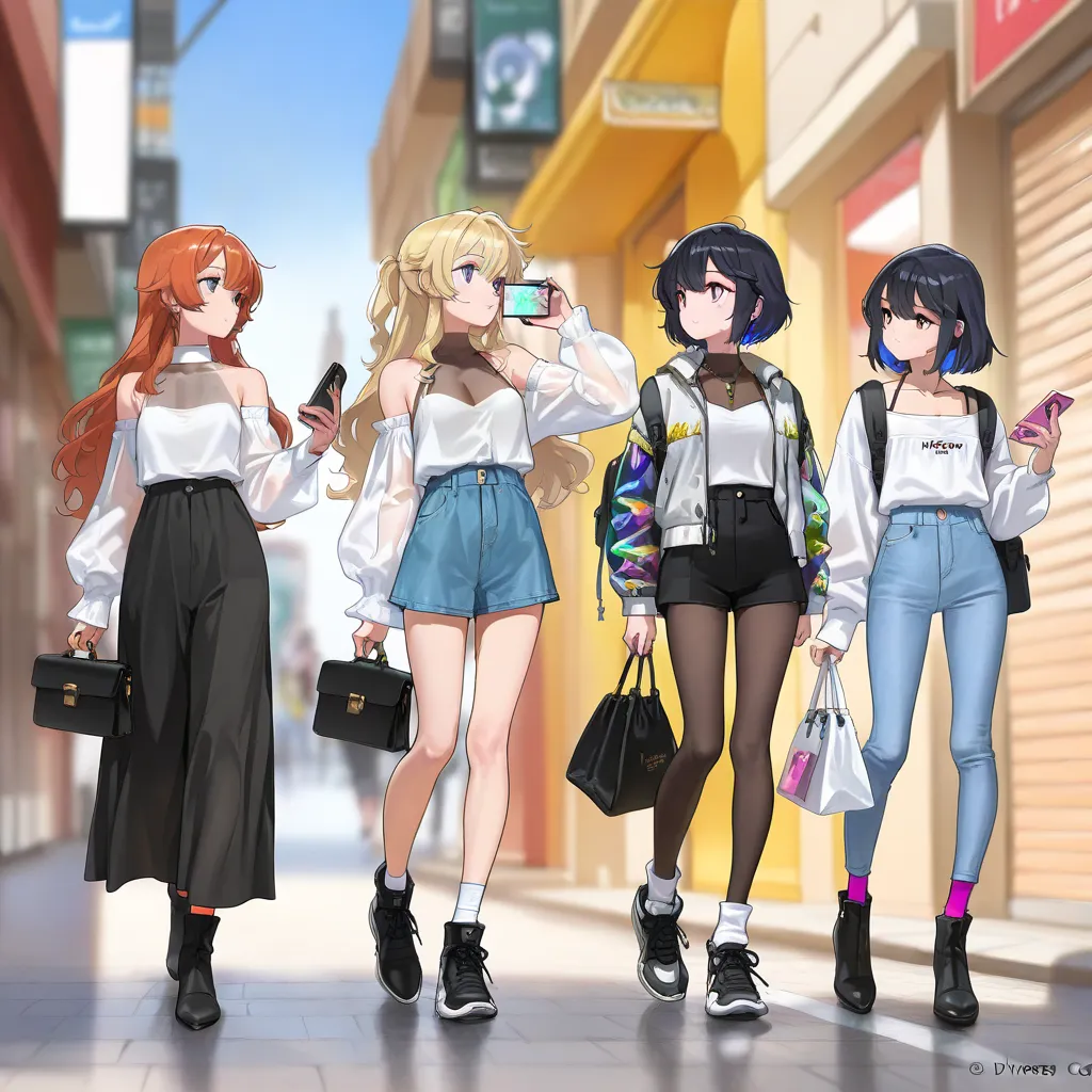 (((Best Quality))), 3 girls, anime characters, fashionable and trendy, outfit designs, diverse outfits, (upper body character design), outfit design, fashion concept art, knit, shirt, shorts, skirt, blouse, halter neck, see-through cleavage, see-through sl...