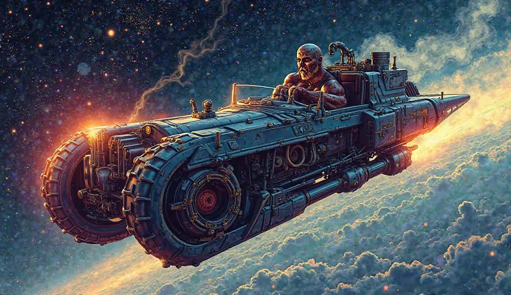  open space , Darkseid in a car without a roof and powered by a steam engine flies through space and smokes a cigar,  pop art style 