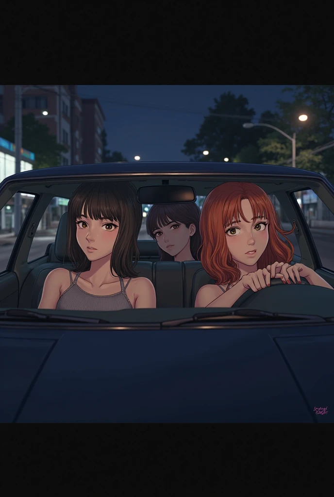 three girls at the back if the car at night, one girl with bangs, one girl with curtain bangs, one girl with gingerish hair