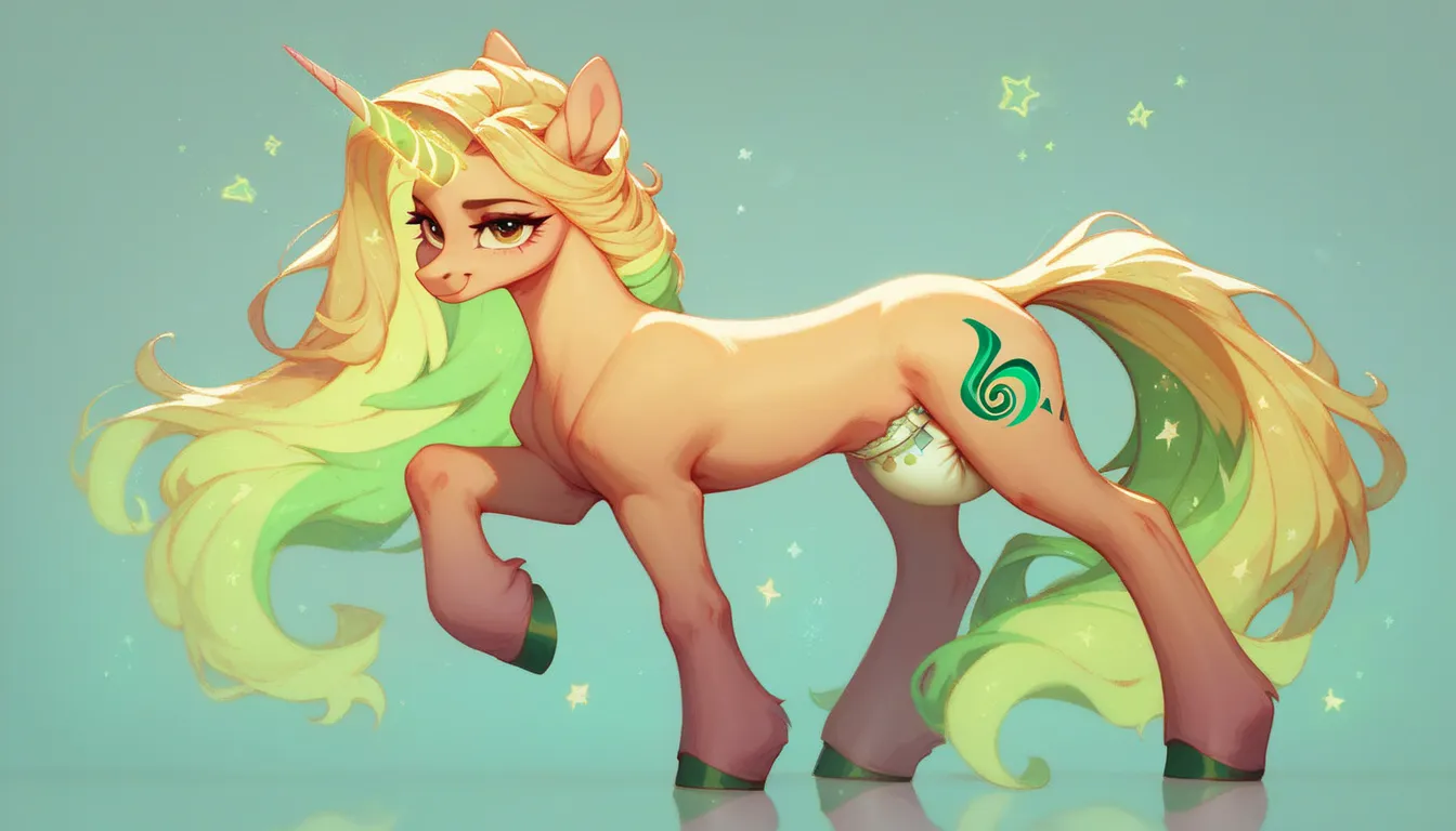 light pink unicorn pony alone, adult mare, light yellow mane with green strand,  brown eyes, kind face expression, cutie mark's side has a yellow diaper surrounded by purple stars, light yellow tail with green strand, stands on four hooves, solo, simple ba...