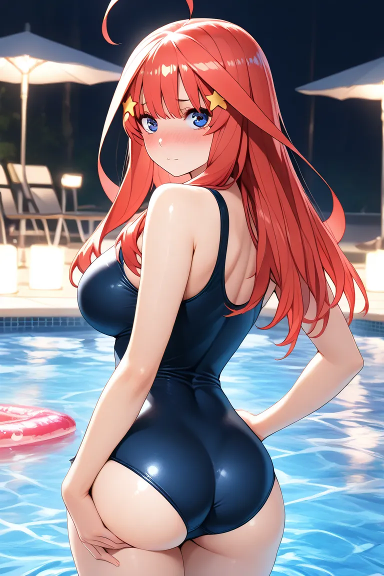 1girl,nakano_itsuki, blue eyes, red hair, long hair, ahoge, star hair ornament, school swimsuit, JK, (masterpiece:1.3),(ultra detailed:1.3),(best quality:1.3),(extremely detailed CG :1.2), (detailed beautiful eyes:1.1),(super detailed skin:1.2), (perfect a...