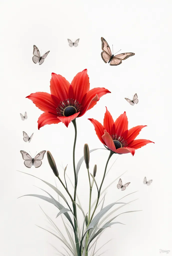  red higanbana on a white background, Silver butterflies , center without a picture