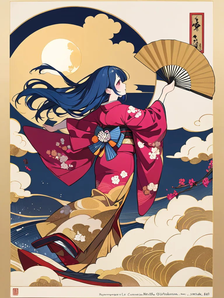  ukiyo-e、high detail, Ultra High Definition, high definition model, Hi-Res, 8k、Beautiful woman in kimono holding a fan in a golden cloud、With the full moon on your back、dancing with a big fan、Maiko's profile、A splendid beauty 、fuchsia and golden kimono、lon...