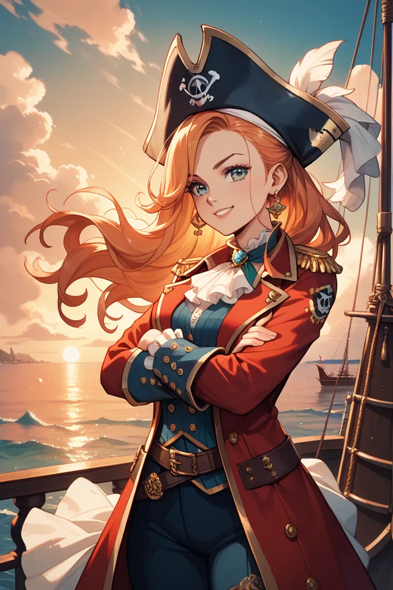 A fierce yet elegant female pirate captain with long, flowing hair, standing at the helm of a grand pirate ship. She grips the ship's wheel firmly as cherry blossoms swirl around her in the wind. The golden sunset sky casts a warm glow, blending pink and o...