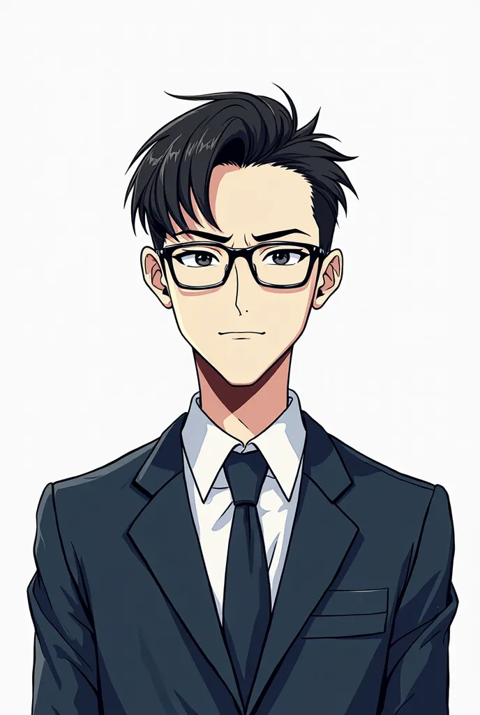 A manlier male student with a serious face and glasses on and in under cut and a side bangs in a dark blue navy uniform with a white background. ID picture. Sketch of webtoon