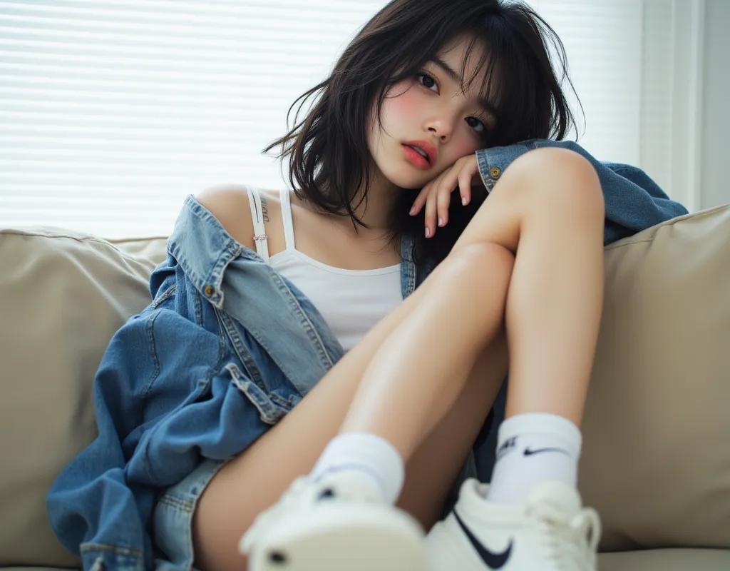 8k, masterpiece, Highest quality, beautiful Korean woman, low angle, close-up,  has semi-long black hair,  Middle Part  , white tank top,  denim jacket,  unbuttoned,  white socks, Nike logo ,   chunky sneakers , off-white, relaxed posture, Angled legs ,   ...