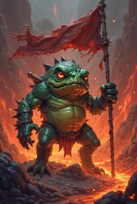 Murloc holding a flag next to a magma pool