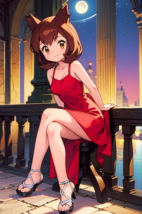 masterpiece, best quality, ultra-detailed, illustration, beautiful detailed eyes, very detailed illustration, cinematic lighting, 1 girl, solo, Pokemon Heroes (Bianca), Brown Hair, brown eyes, 1 girl, solo, sleeveless, collarbone, red Camisole dress, red d...