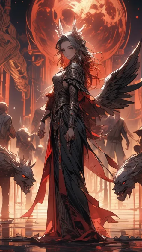 ((Highest quality)), (composition showing the whole body),(Angel Girl with 4 Arms),(Three Wings in Jet Black),(Rear Ring of an Angel Shining Behind the Girl's Head),(Girl in Pure Silver Armor),(Mr.々Decorative Armor with a Mysterious Metal Engraved),(Armor ...