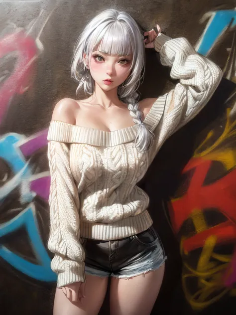 RAW Photos, 8k, (Highest quality), Realistic, (live-action, Intricate details), (Natural skin texture, Detailed skin, Hyperrealism, Sharpness), (Japanese girl standing in a dirty back alley at night, graffitied wall:1.3, Sexy pose), ((White knit sweater, O...