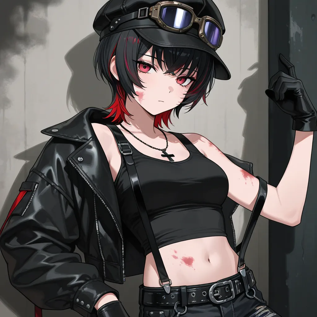 Black tank top midriff sleeveless, black gloves, black biker Straight jeans, jacket with Belt + Suspenders, Grunge Goggles Black, Distressed Black Hat, black crucifix  necklace, red eyes, Short Wolf Cut black with red highlights, cool girl Got rubbed on th...