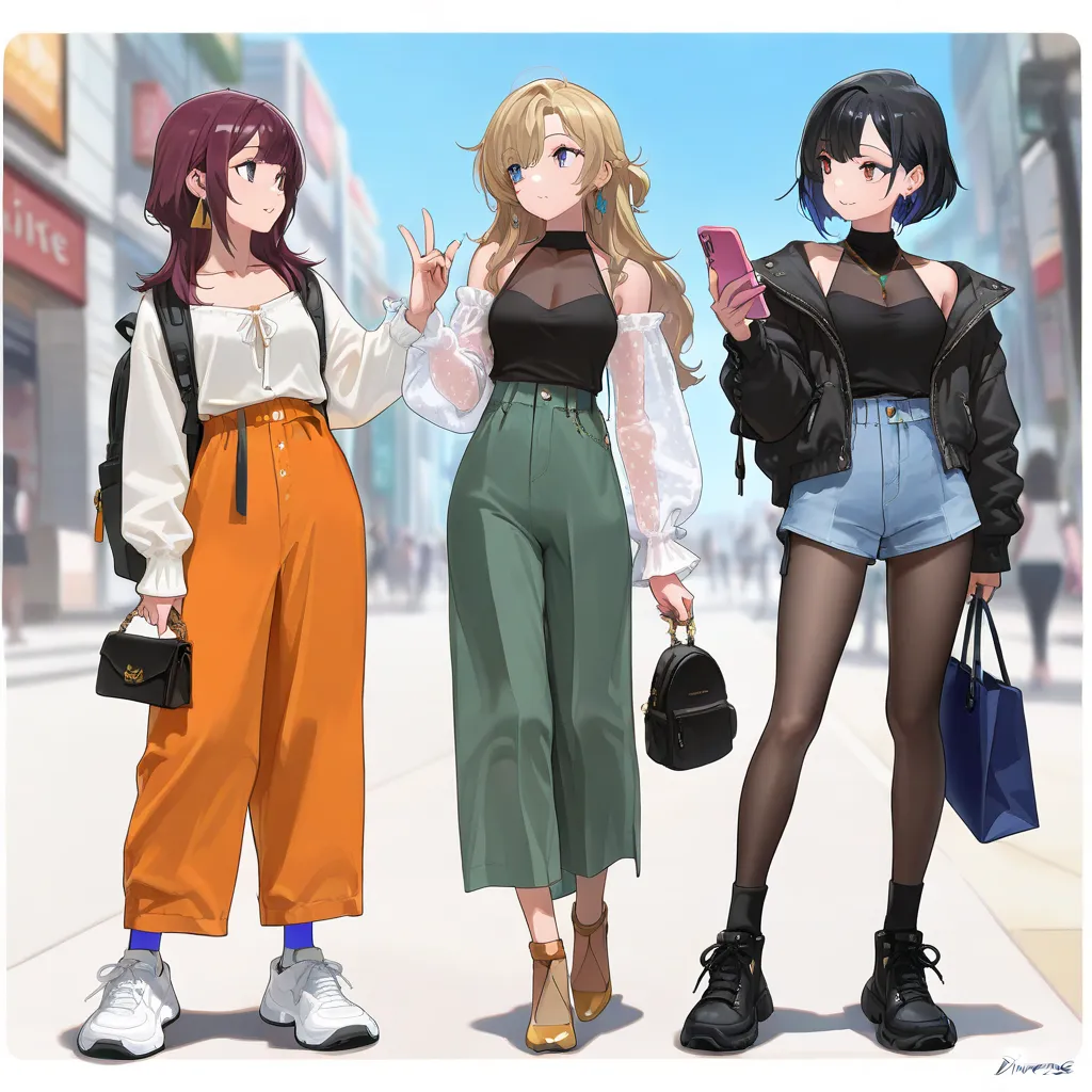 (((Best Quality))), 3 girls, anime characters, fashionable and trendy, outfit designs, diverse outfits, (upper body character design), outfit design, fashion concept art, knit, shirt, shorts, skirt, blouse, halter neck, see-through cleavage, see-through sl...