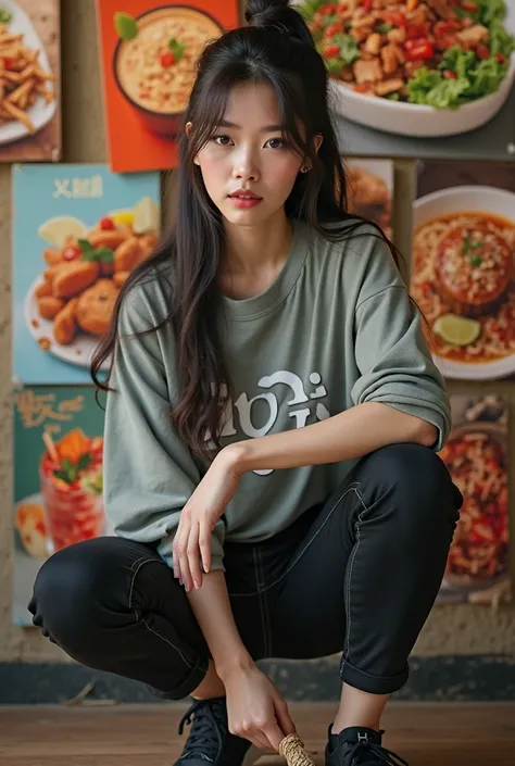 Beautiful Vietnamese woman wearing an ash long sleeve t-shirt with the inscription G, Black jeans ,Sneakers, long straight hair tied high,sitting squatting facing forward right leg straightened forward while his hand holds the beater against the background...