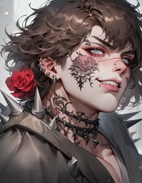  Paren, short cut brown hair, piercing bright grey eyes with long lashes.  realism sharp facial features. Pinkish plump lips . predatory grin. A small scar in his left eye and a rose tattoo with spikes in the right side of the neck.
