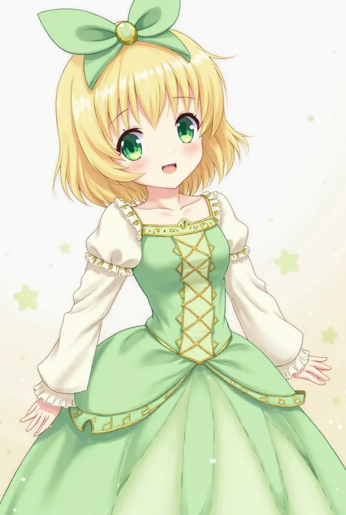 ((Photo)) Wallpaper Nanatzu no Taizai,   girl, with medium-short hair Blonde, with emerald green eyes, wears a pastel green princess dress with pastel gold decorations and a ribbon on her head in pastel green.