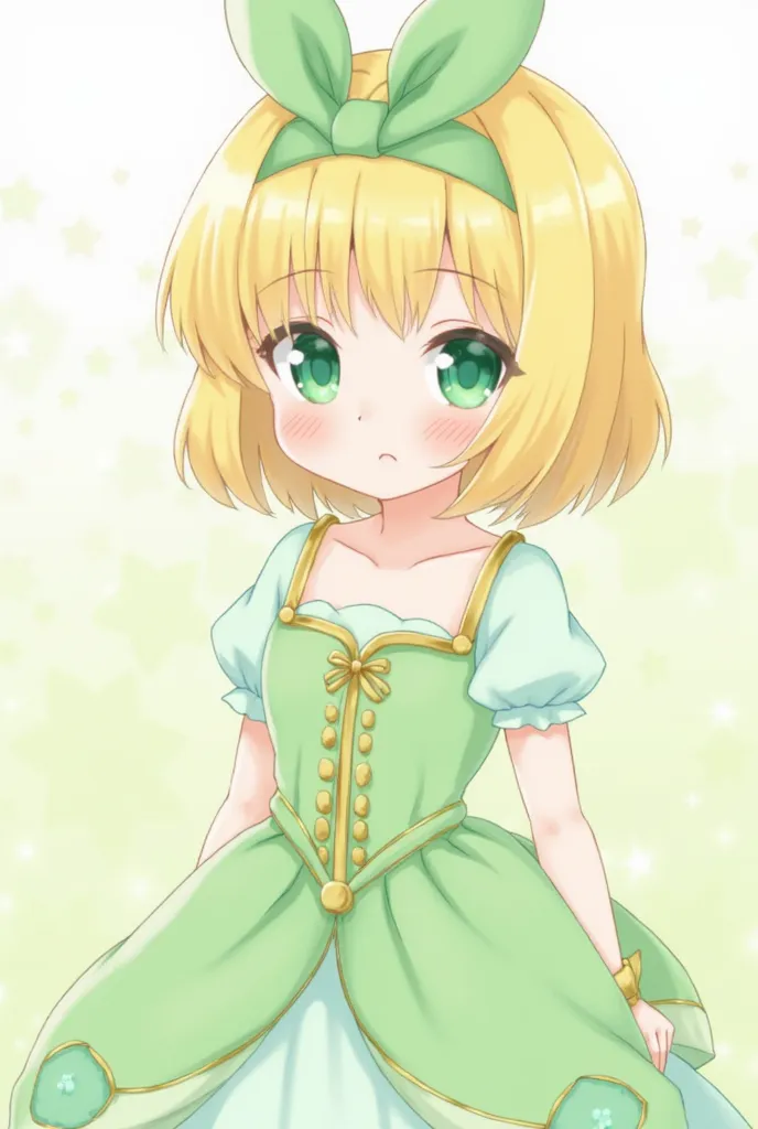 ((Photo)) Wallpaper Nanatzu no Taizai,   girl, with medium-short hair Blonde, with emerald green eyes, wears a pastel green princess dress with pastel gold decorations and a ribbon on her head in pastel green.