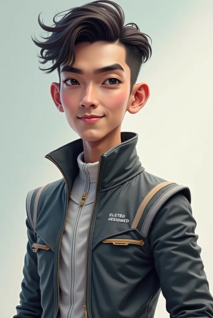 Caricature style An indonesian boy b 25 years old. . Wearing a jacket that says EXPERT designed an electric motor,sophisticated and futuristic kerenl its.gladly.Real ultrarealistic photo