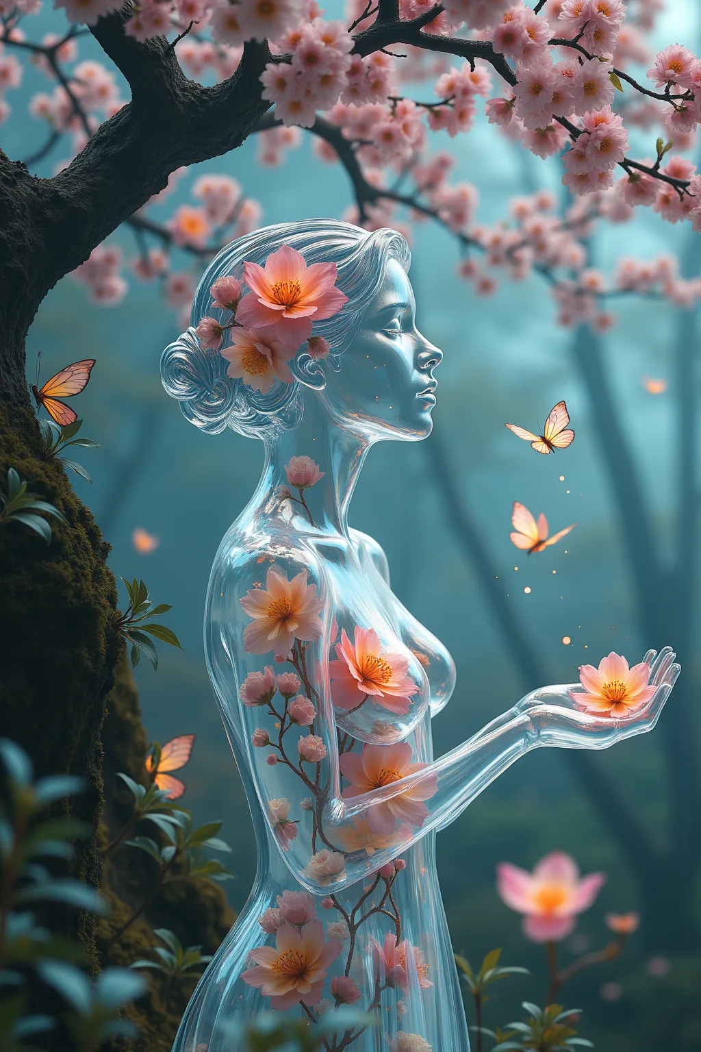 Create a surreal scene featuring a transparent female figure crafted from real glass, elegantly filled with vibrant, blooming flowers. This enchanting figure is gracefully intertwined with a cherry tree, which appears to bloom with ethereal light, casting ...