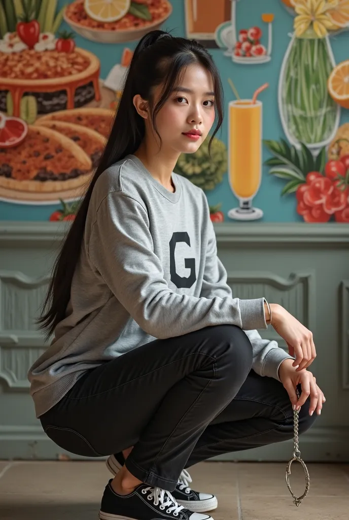 Beautiful Vietnamese woman wearing an ash long sleeve t-shirt with the inscription G, Black jeans ,Sneakers, long straight hair tied high,sitting squatting facing forward right leg straightened to the fore while his hand holds the beater against the backgr...