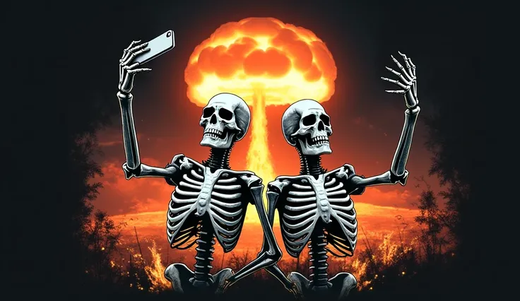 Two skeletons are depicted in a graphic design, positioned in the middle of the image. They are taking a selfie, holding a mobile phone. The skeletons are a light gray/white color with detailed bones and are surrounded by fire-like effects. A large, explod...