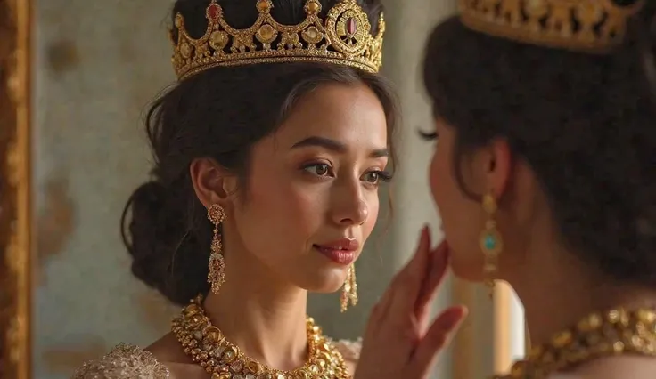 Create an ultra-realistic image of a 25-year-old queen, dressed luxuriously, with a queen's crown; gold necklaces and earrings, looking at herself in a mirror, wiping away tears from her eyes, blurring the background; use a Sony Alpha 7 camera with a Sony ...