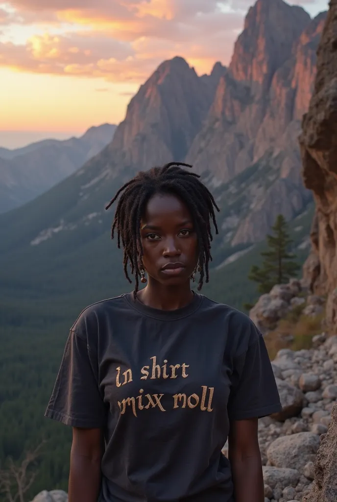 Beautiful smooth black skin black woman with short dreadlocks on rocky mountain spot natural dusk indica writing on shirt MIXX MOLL