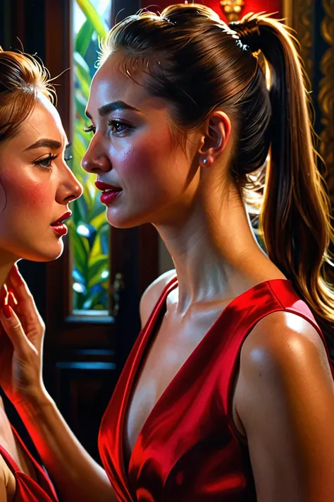 beautiful woman, long face, red dress, ponytail, receiving slap on cheek by another woman, face in front, tilted face, dramatic, photorealistic, 8K, high resolution, masterpiece, ultra-detailed, vivid colors, dramatic lighting, cinematic angles, intense em...